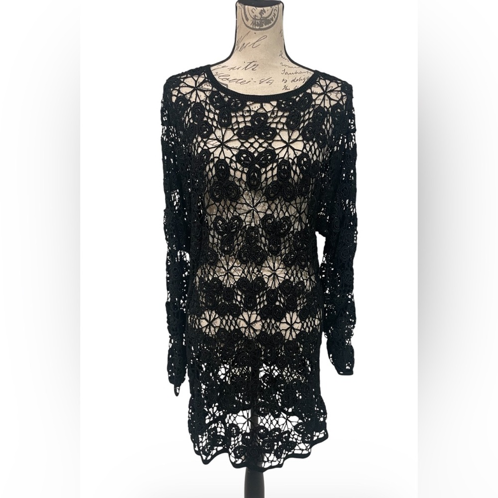 Black Crochet Lace Cover-Up Dress | Sheer Boho Tunic | Beach Resort Layer - Picture 2 of 4